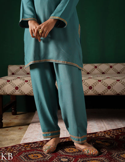 Kashmiri Golden Boti Tilla Embroidered Woollen Coordset – Sea Green | Handcrafted Heritage - Kashmir Box