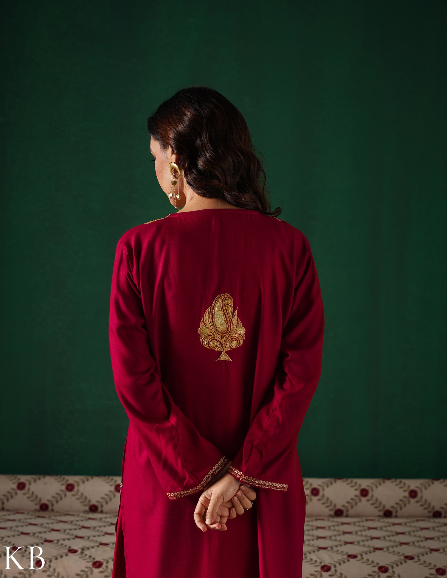 Kashmiri Golden Boti Tilla Embroidered Woollen Coordset – Maroon | Handcrafted Heritage