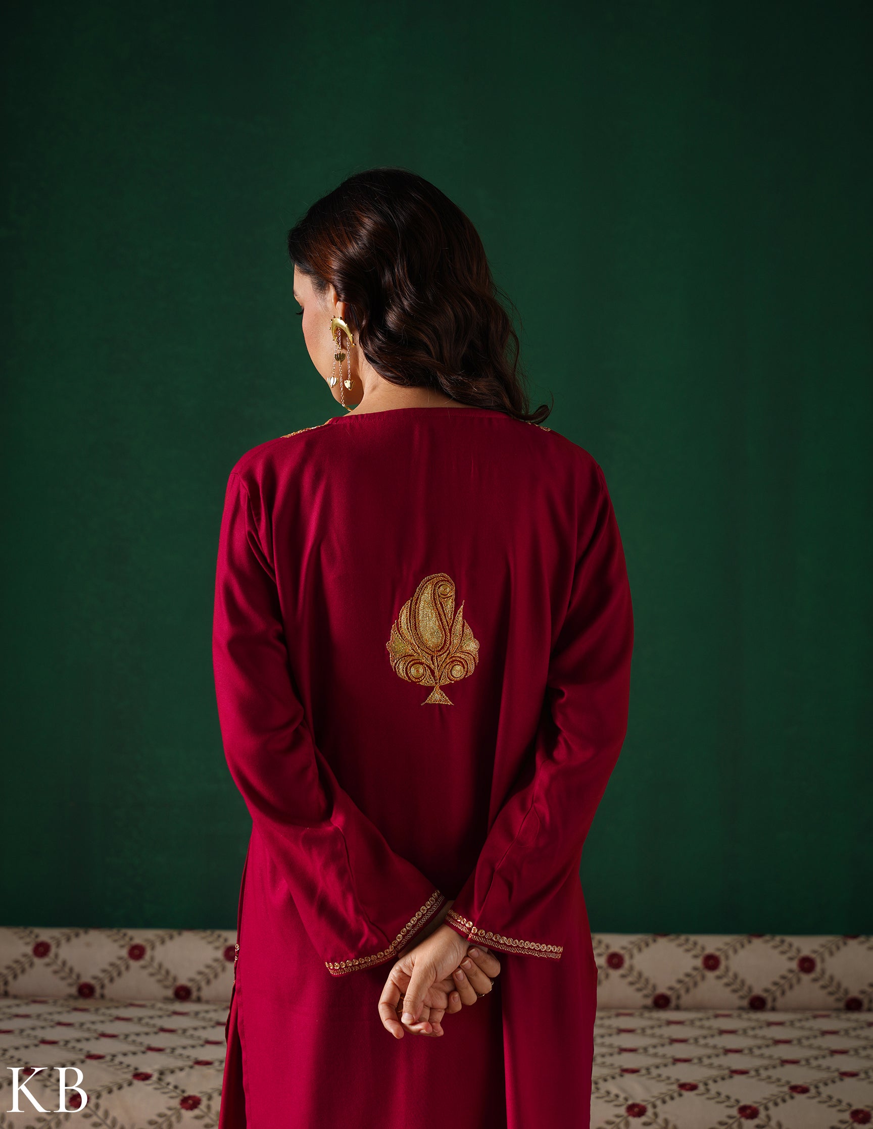 Kashmiri Golden Boti Tilla Embroidered Woollen Coordset – Maroon | Handcrafted Heritage