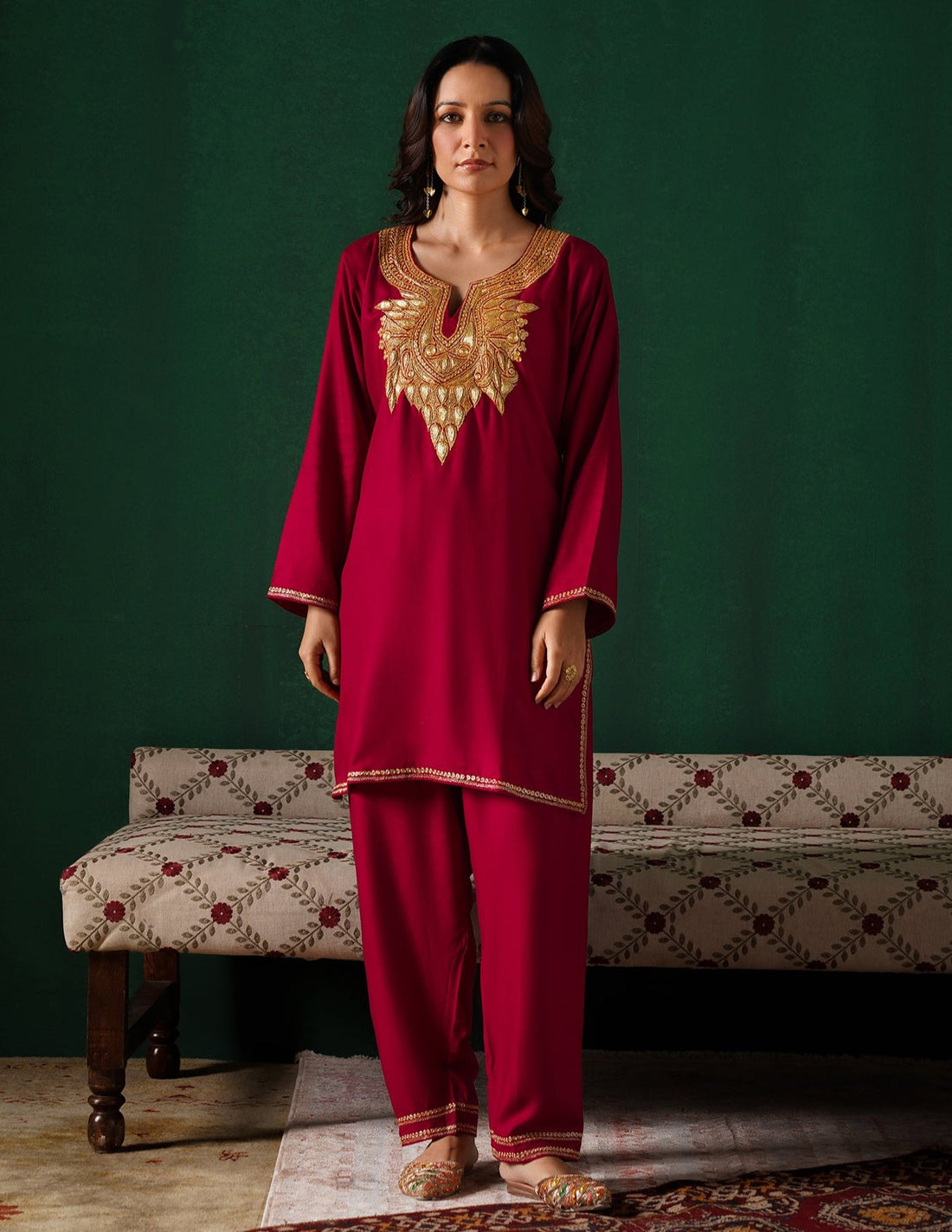 Kashmiri Golden Boti Tilla Embroidered Woollen Coordset – Maroon | Handcrafted Heritage - Kashmir Box