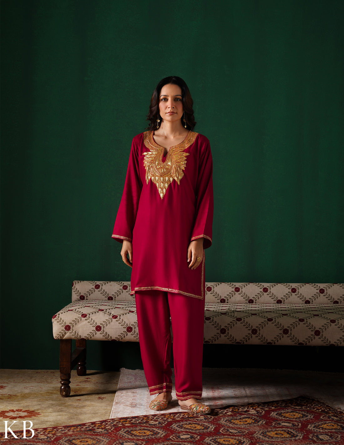 Kashmiri Golden Boti Tilla Embroidered Woollen Coordset – Maroon | Handcrafted Heritage