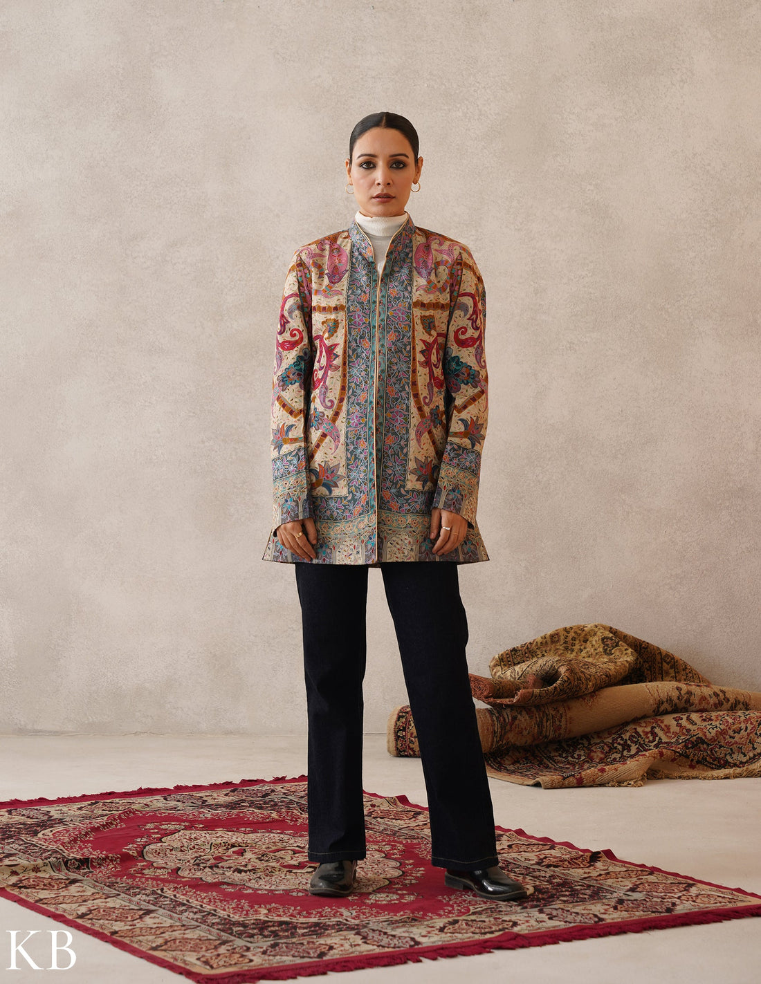 Nayaab Multicolour Kalamkari Print Sozni Outlined Fine Wool Jacket