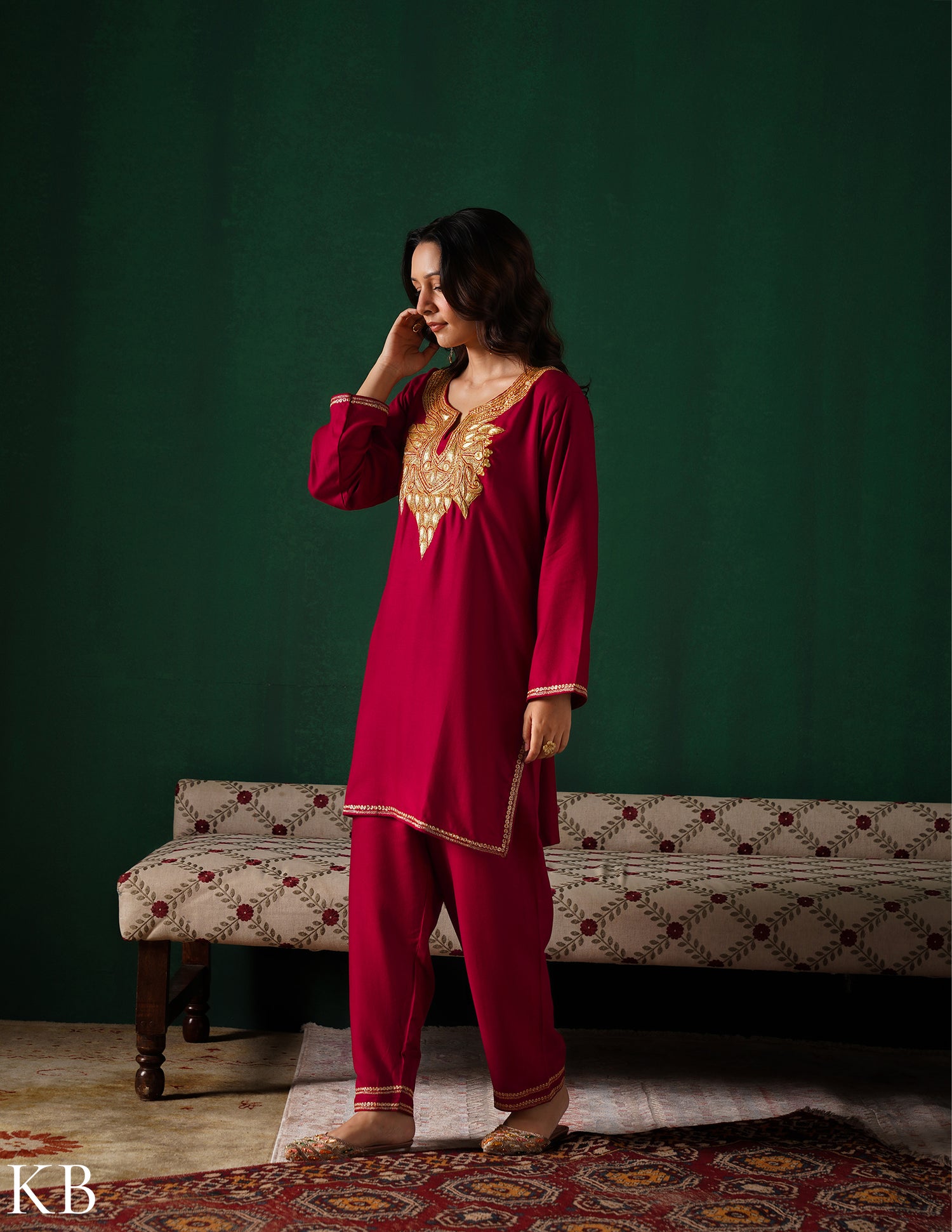 Kashmiri Golden Boti Tilla Embroidered Woollen Coordset – Maroon | Handcrafted Heritage