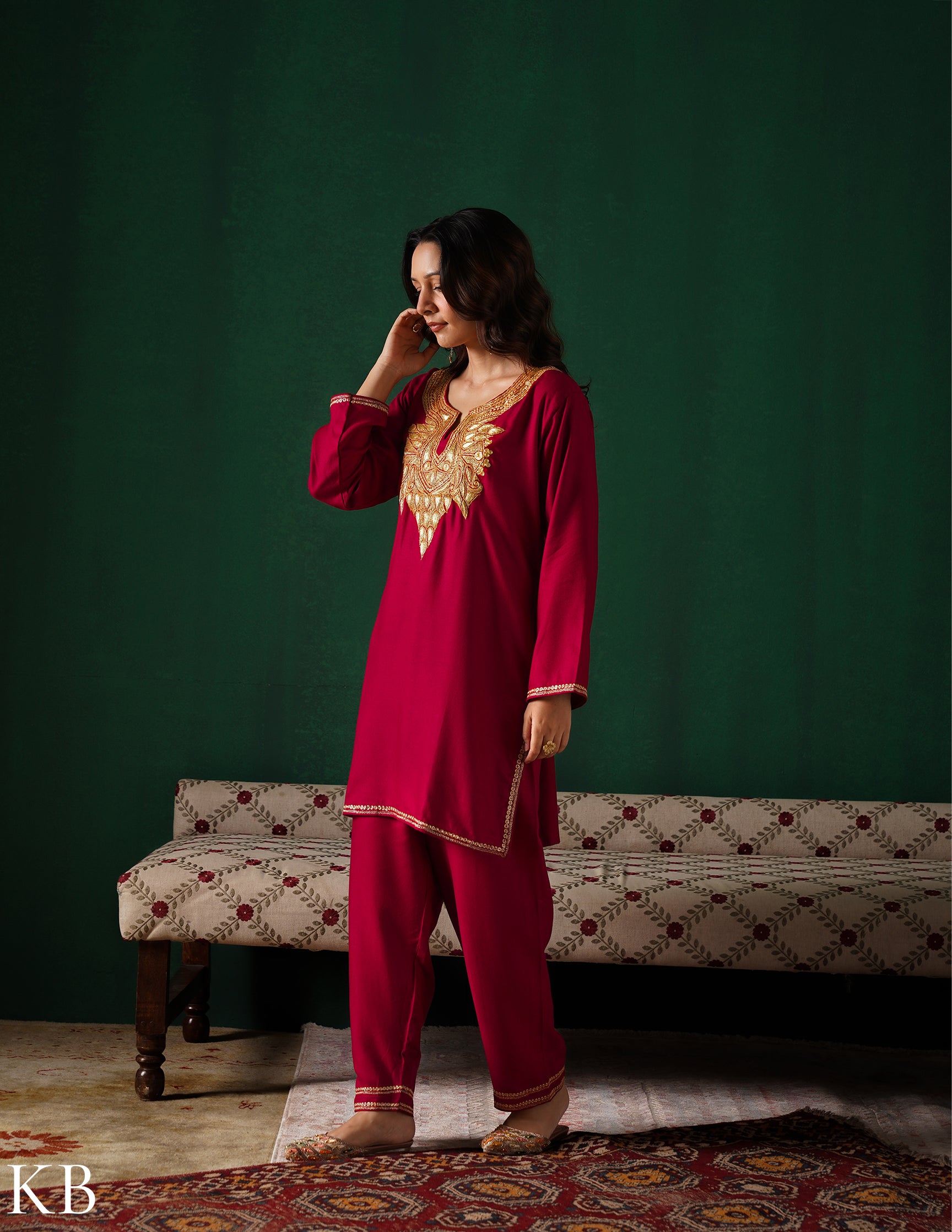 Kashmiri Golden Boti Tilla Embroidered Woollen Coordset – Maroon | Handcrafted Heritage