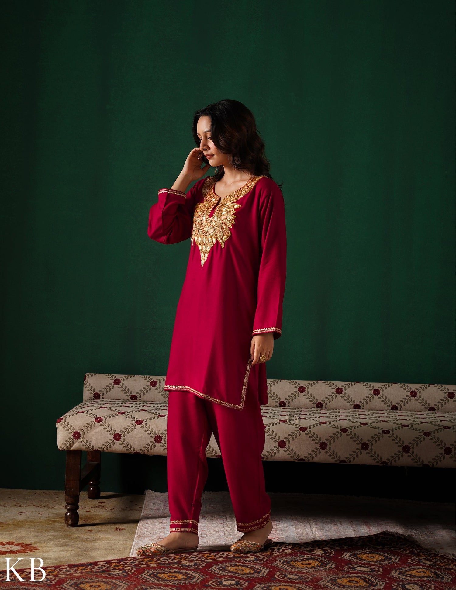 Kashmiri Golden Boti Tilla Embroidered Woollen Coordset – Maroon | Handcrafted Heritage - Kashmir Box