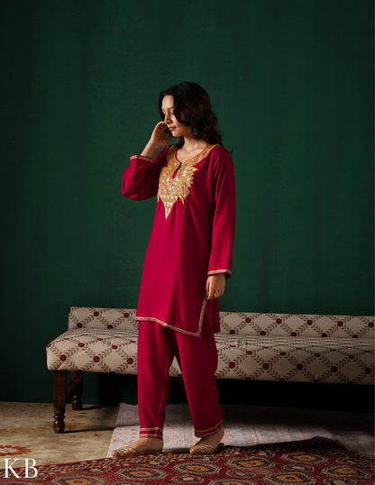 Kashmiri Golden Boti Tilla Embroidered Woollen Coordset – Maroon | Handcrafted Heritage - Kashmir Box