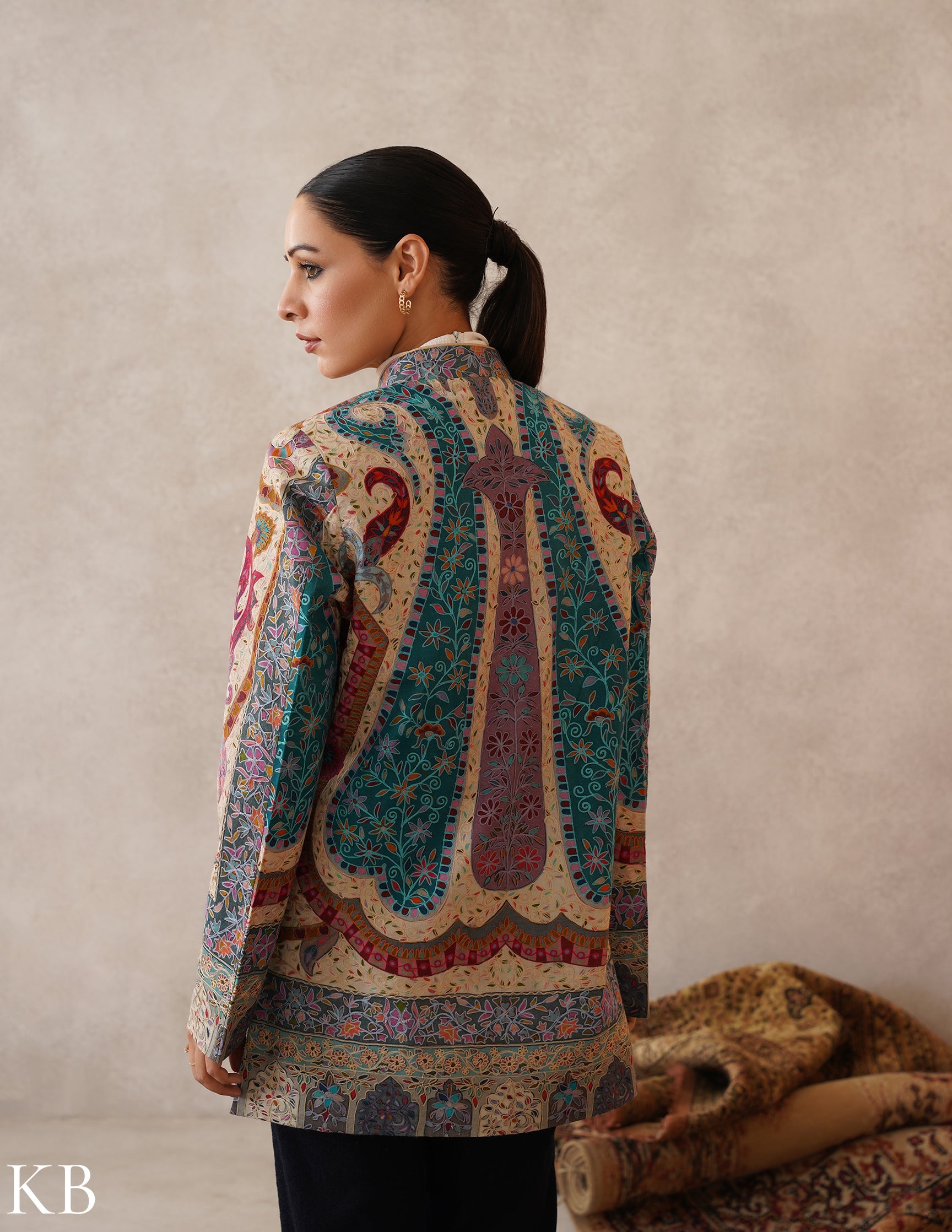 Nayaab Multicolour Kalamkari Print Sozni Outlined Fine Wool Jackets