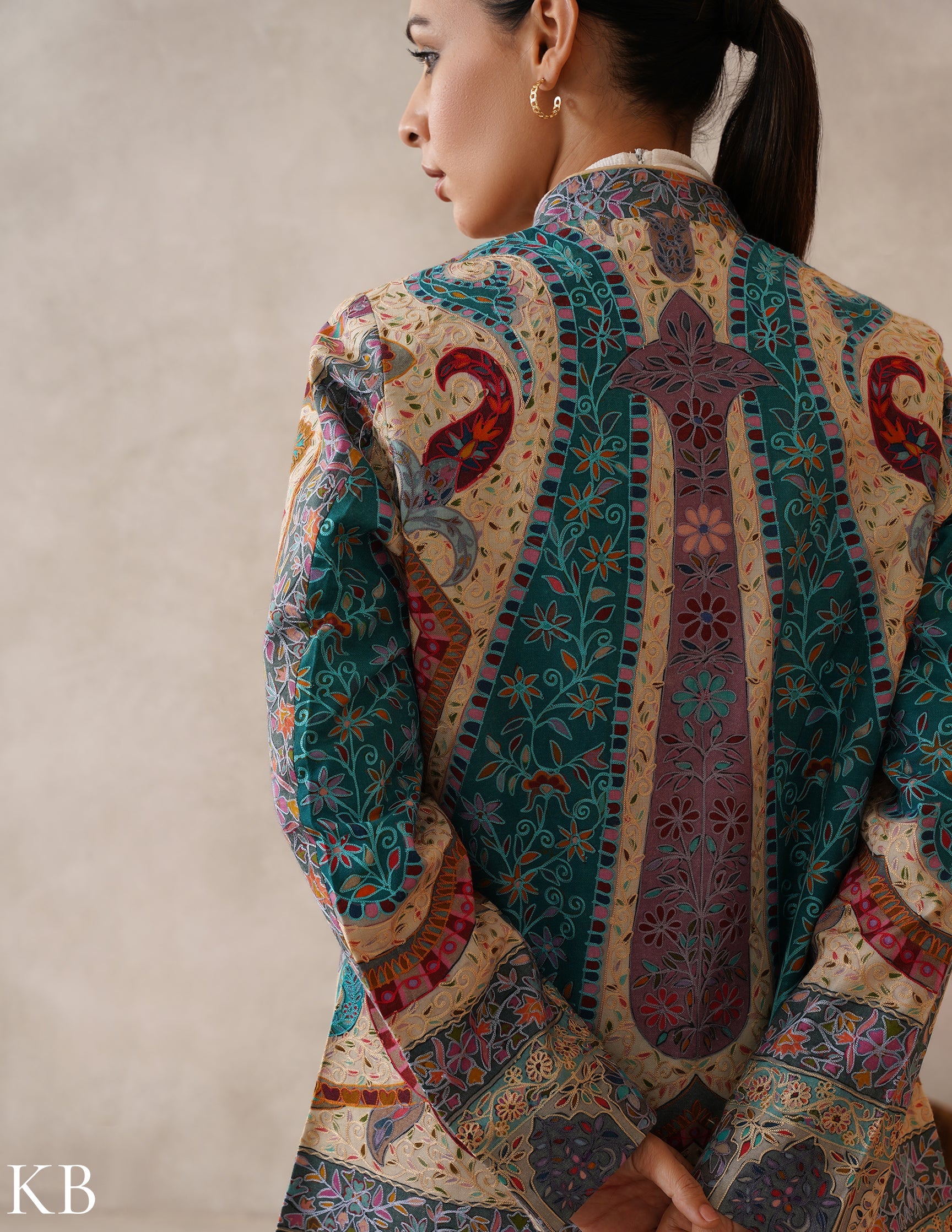 Nayaab Multicolour Kalamkari Print Sozni Outlined Fine Wool Jackets