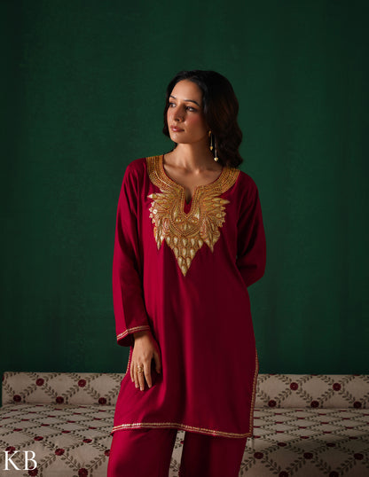 Kashmiri Golden Boti Tilla Embroidered Woollen Coordset – Maroon | Handcrafted Heritage