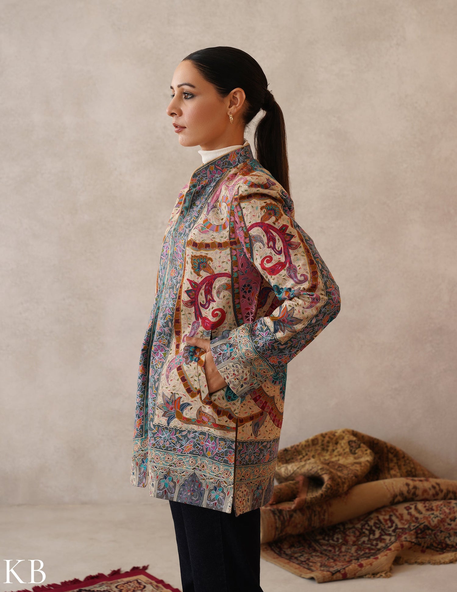 Nayaab Multicolour Kalamkari Print Sozni Outlined Fine Wool Jackets