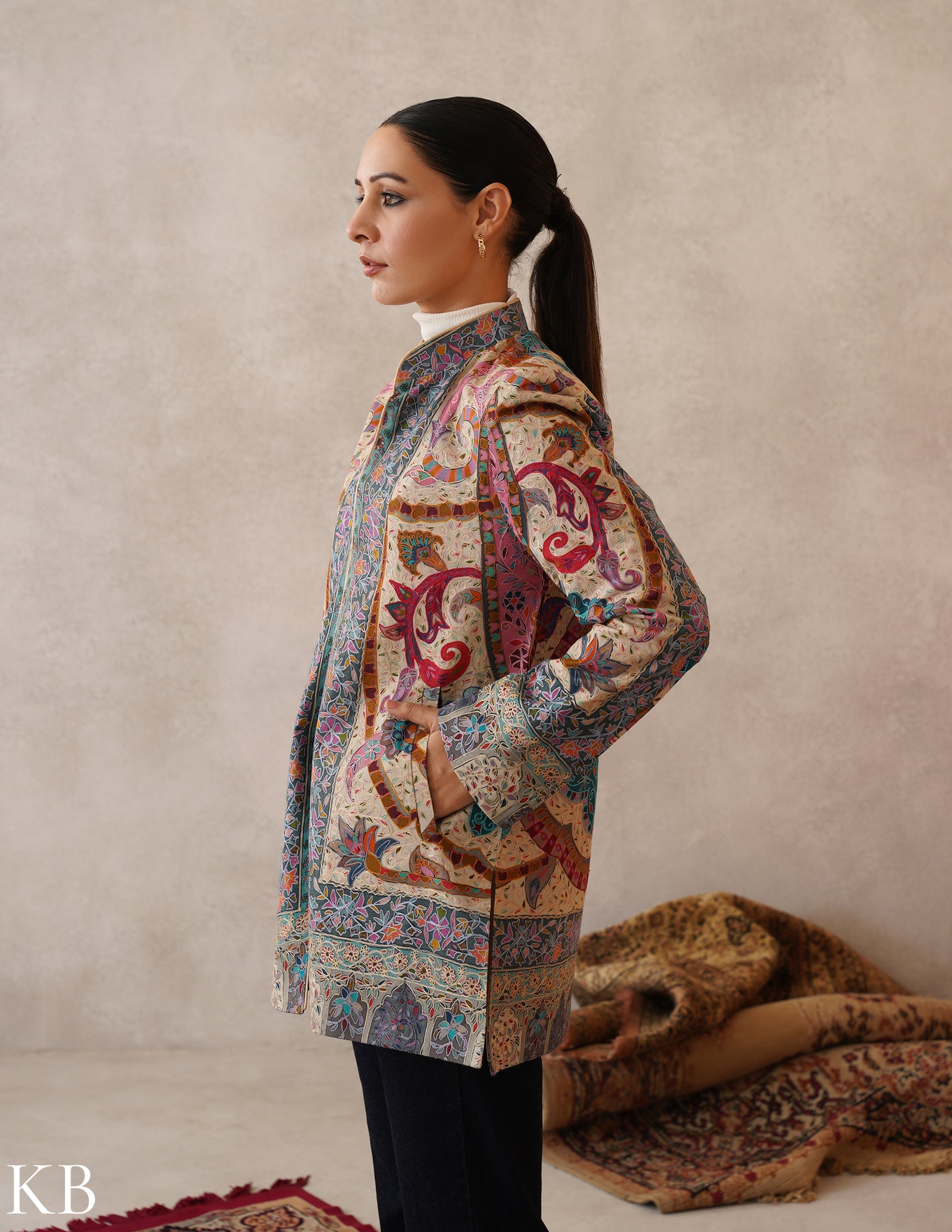 Nayaab Multicolour Kalamkari Print Sozni Outlined Fine Wool Jackets