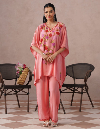 Pink Rayon Kaftan Set – Multicolor Aari Embroidery | Comfortable Casual Ethnic Wear - Kashmir Box