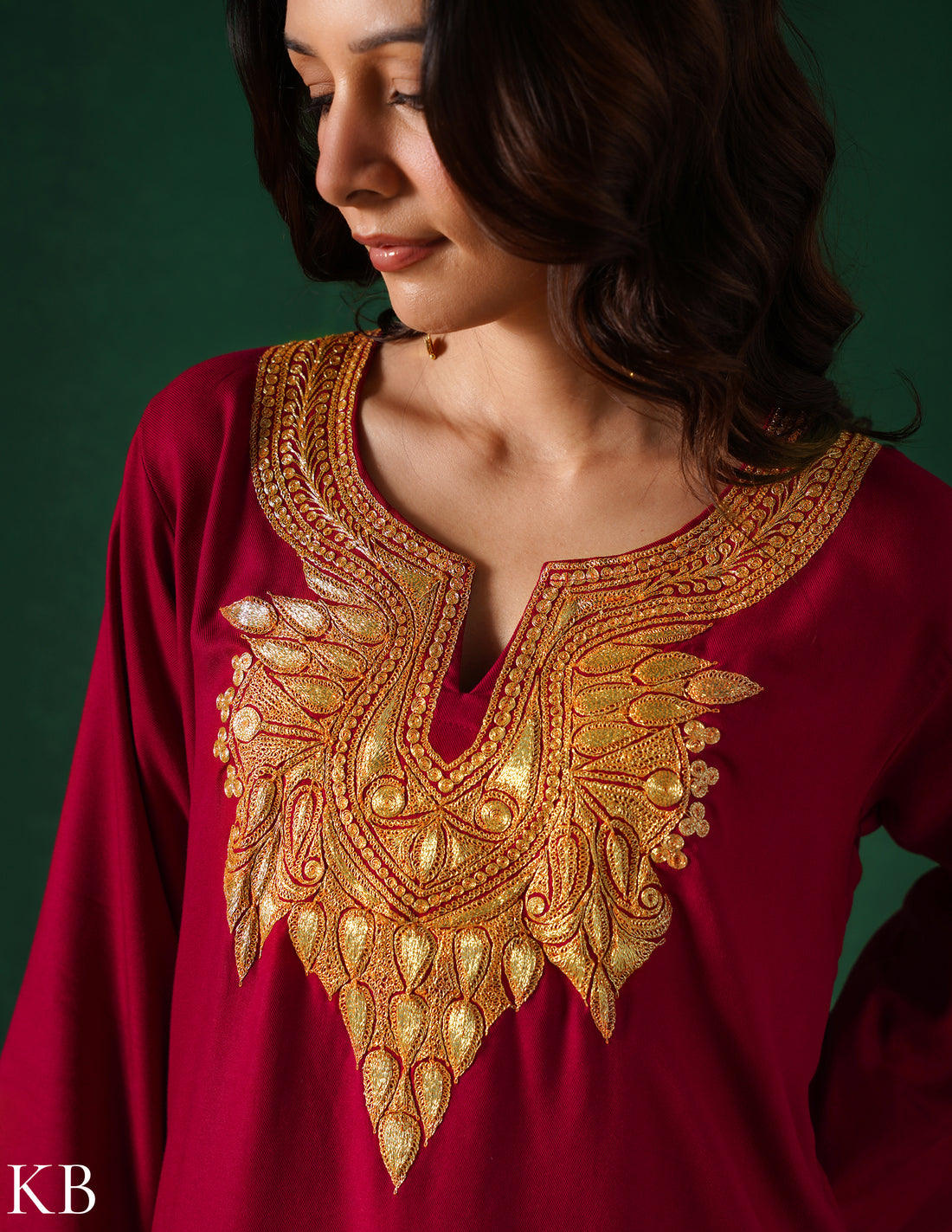 Kashmiri Golden Boti Tilla Embroidered Woollen Coordset – Maroon | Handcrafted Heritage