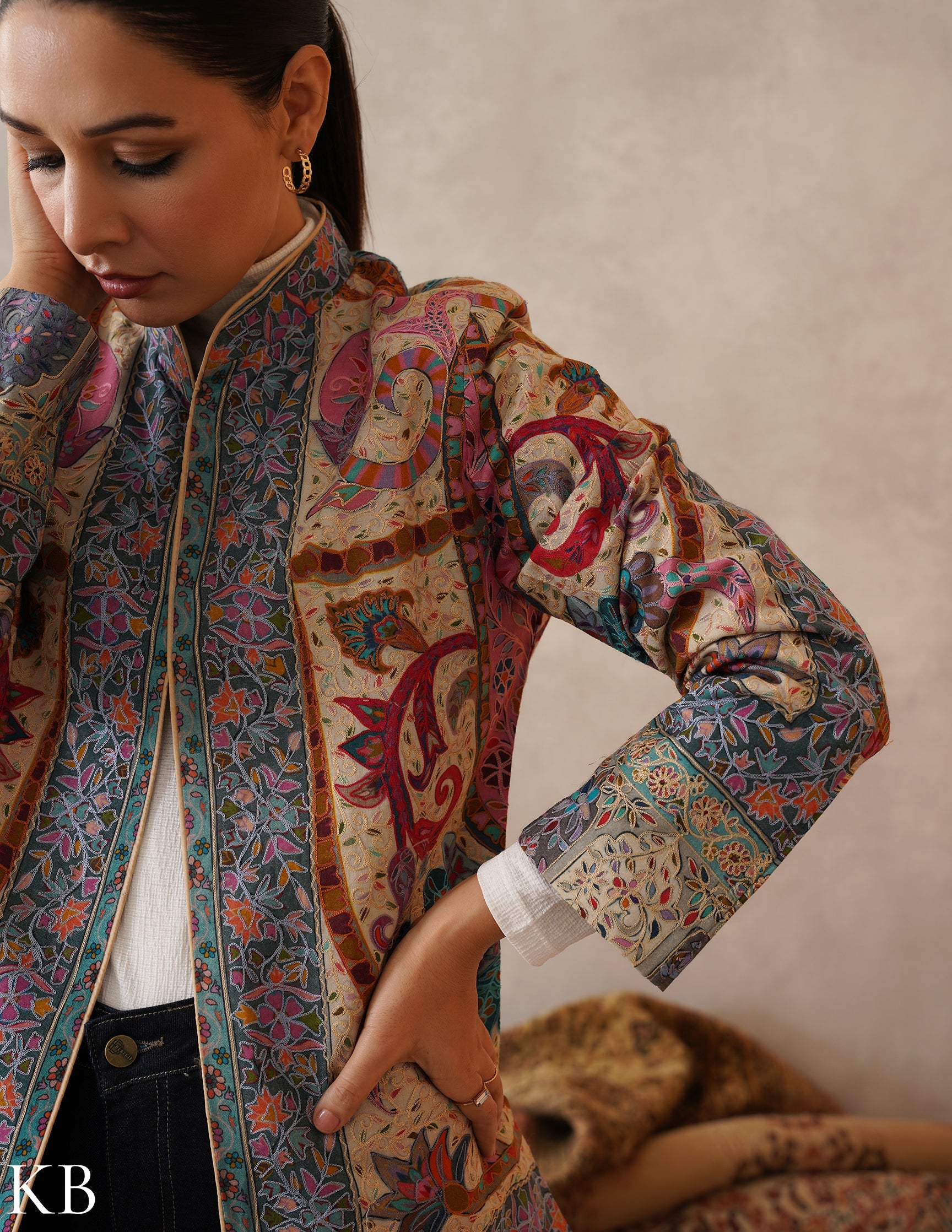 Nayaab Multicolour Kalamkari Print Sozni Outlined Fine Wool Jacket - Kashmir Box