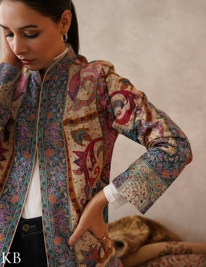 Nayaab Multicolour Kalamkari Print Sozni Outlined Fine Wool Jacket - Kashmir Box