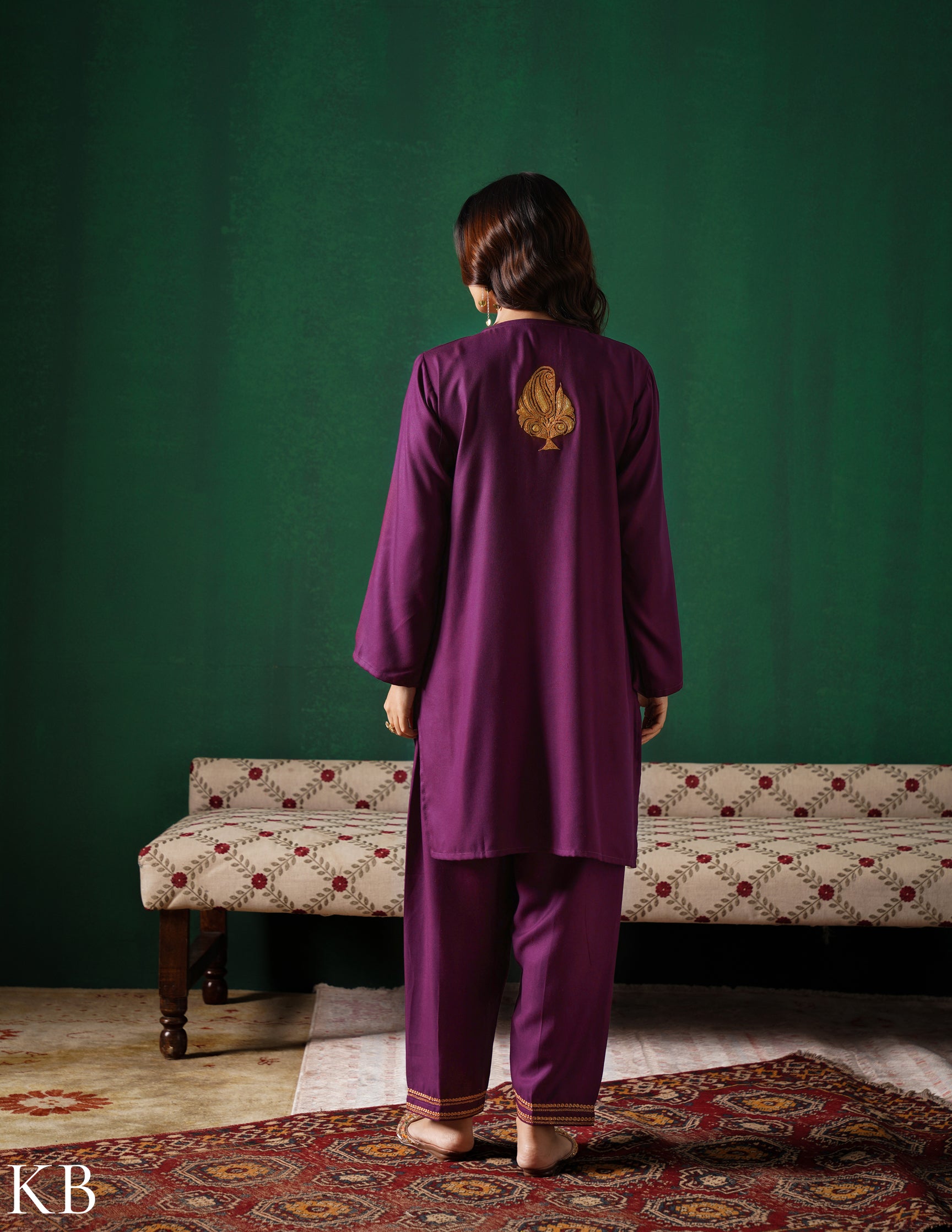 Kashmiri Golden Boti Tilla Embroidered Woollen Coordset – Wine | Handcrafted Heritage