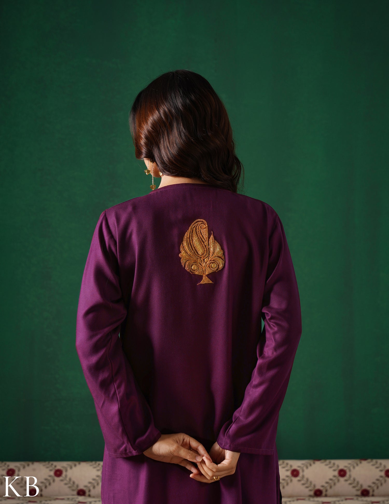 Kashmiri Golden Boti Tilla Embroidered Woollen Coordset – Wine | Handcrafted Heritage
