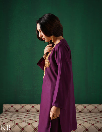 Kashmiri Golden Boti Tilla Embroidered Woollen Coordset – Wine | Handcrafted Heritage - Kashmir Box