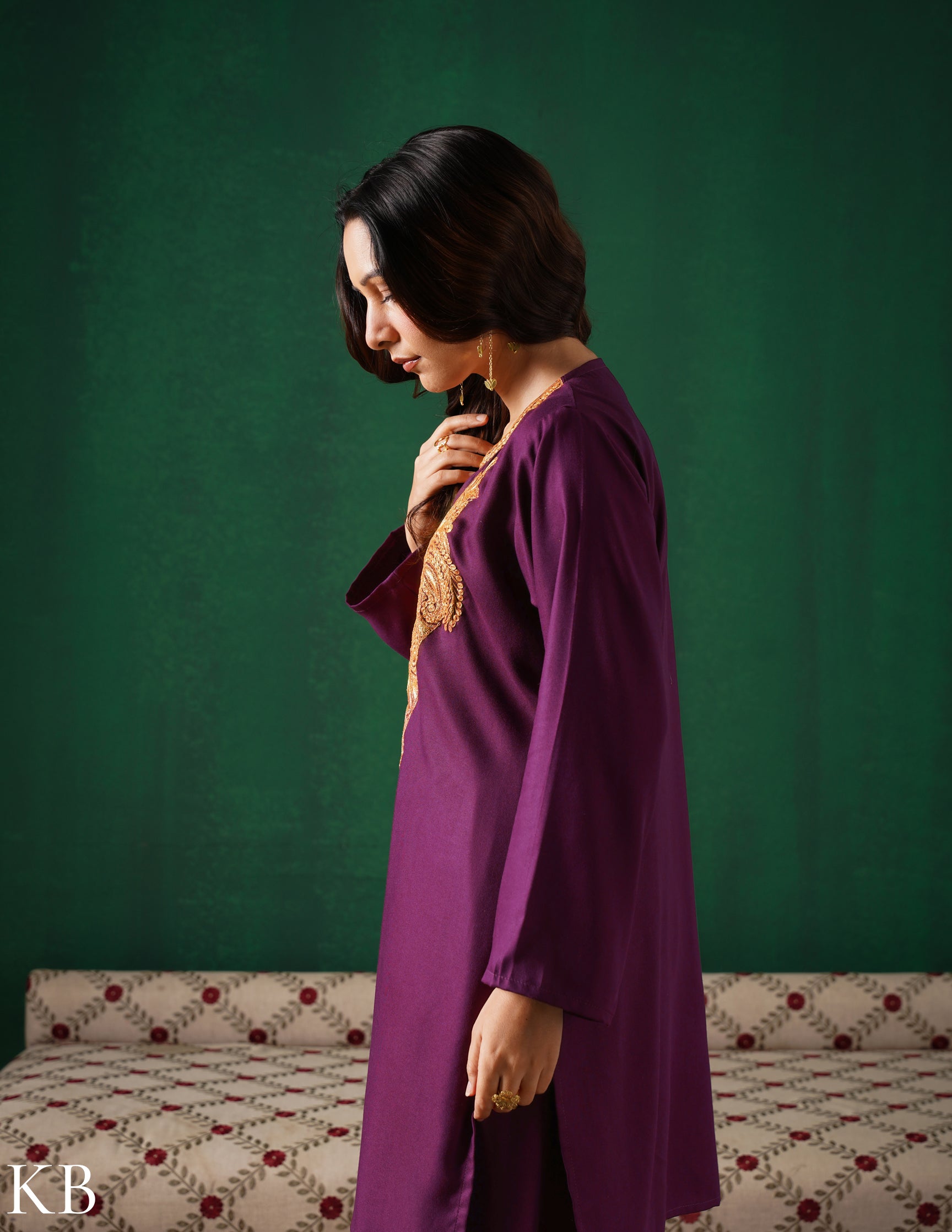 Kashmiri Golden Boti Tilla Embroidered Woollen Coordset – Wine | Handcrafted Heritage