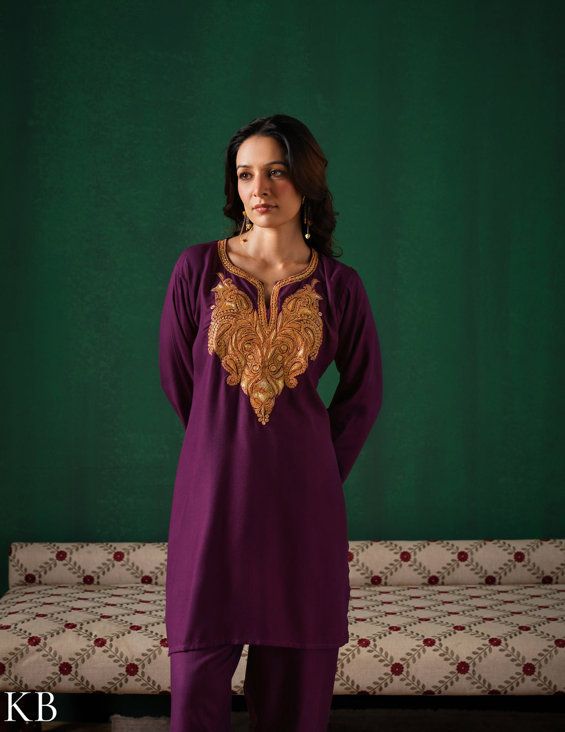 Kashmiri Golden Boti Tilla Embroidered Woollen Coordset – Wine | Handcrafted Heritage