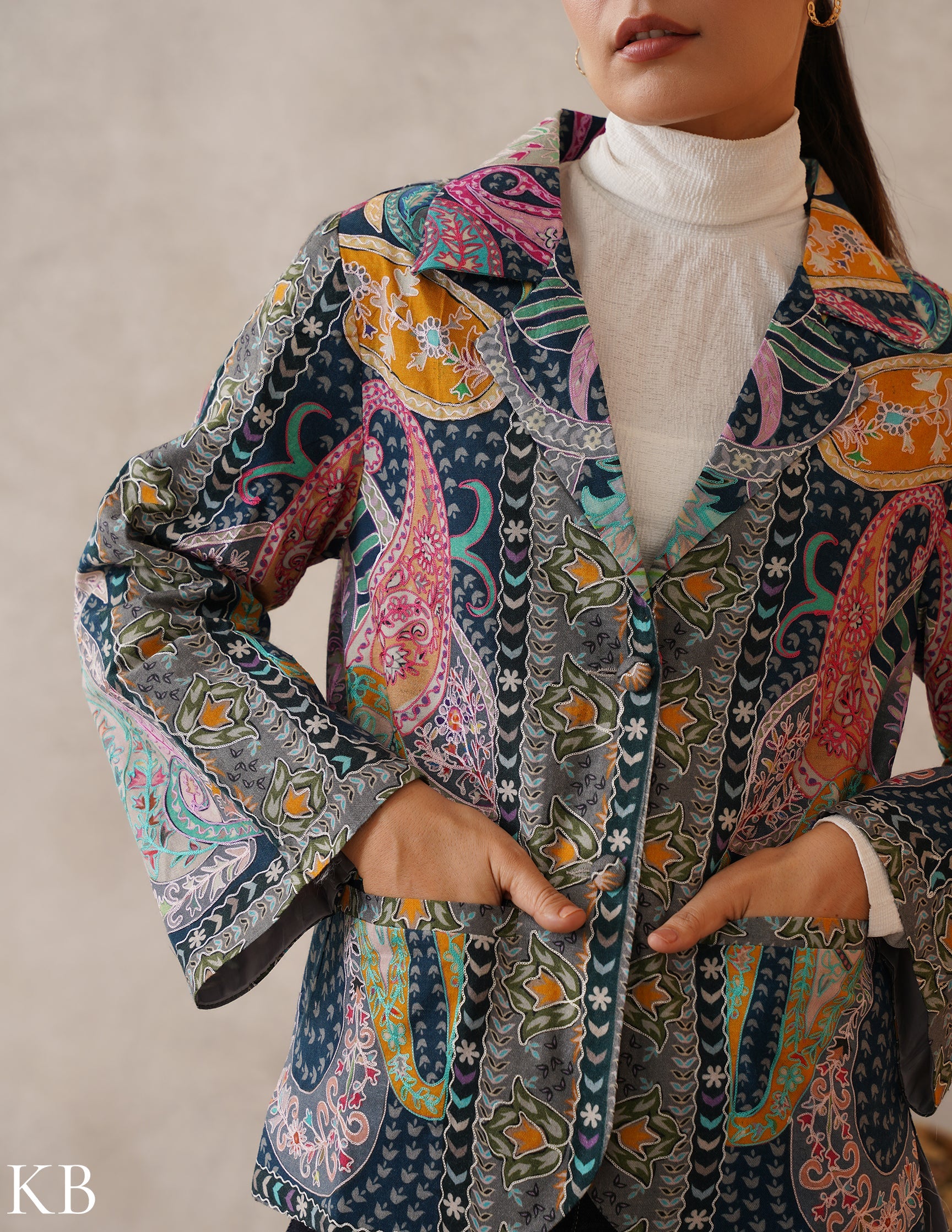 Nayaab Multicolour Kalamkari Print Sozni Outlined Fine Wool Blazer