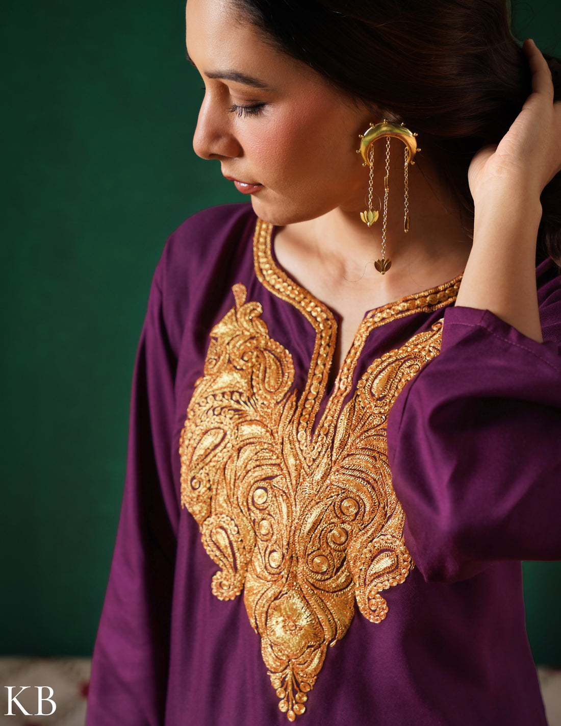 Kashmiri Golden Boti Tilla Embroidered Woollen Coordset – Wine | Handcrafted Heritage