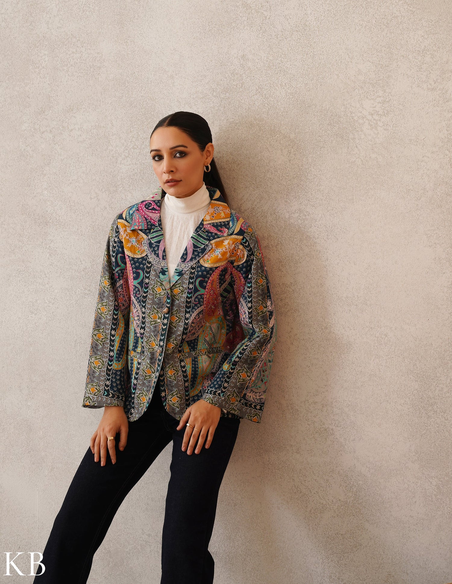 Nayaab Multicolour Kalamkari Print Sozni Outlined Fine Wool Blazer