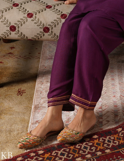 Kashmiri Golden Boti Tilla Embroidered Woollen Coordset – Wine | Handcrafted Heritage - Kashmir Box