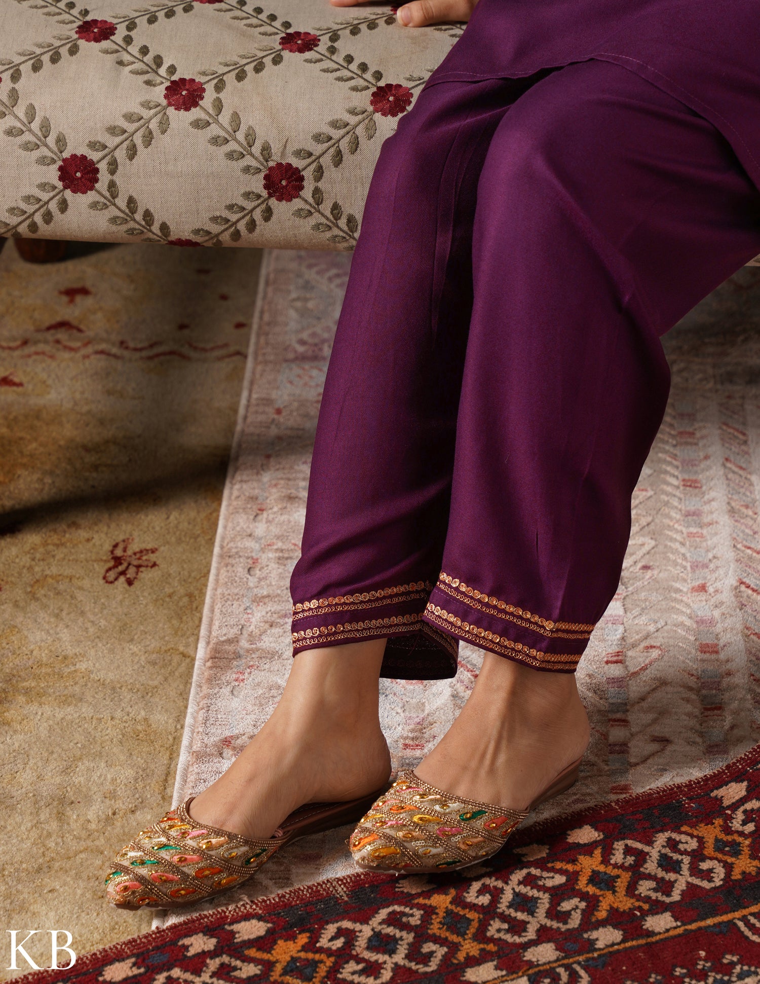 Kashmiri Golden Boti Tilla Embroidered Woollen Coordset – Wine | Handcrafted Heritage