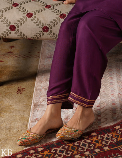 Kashmiri Golden Boti Tilla Embroidered Woollen Coordset – Wine | Handcrafted Heritage