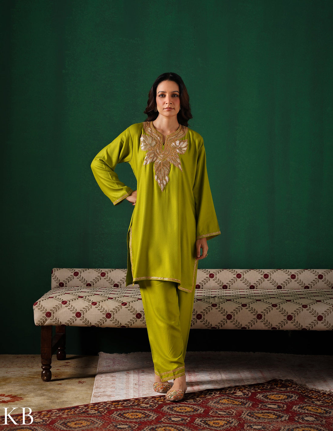 Kashmiri Golden Boti Tilla Embroidered Woollen Coordset – Lime Green | Handcrafted Heritage - Kashmir Box