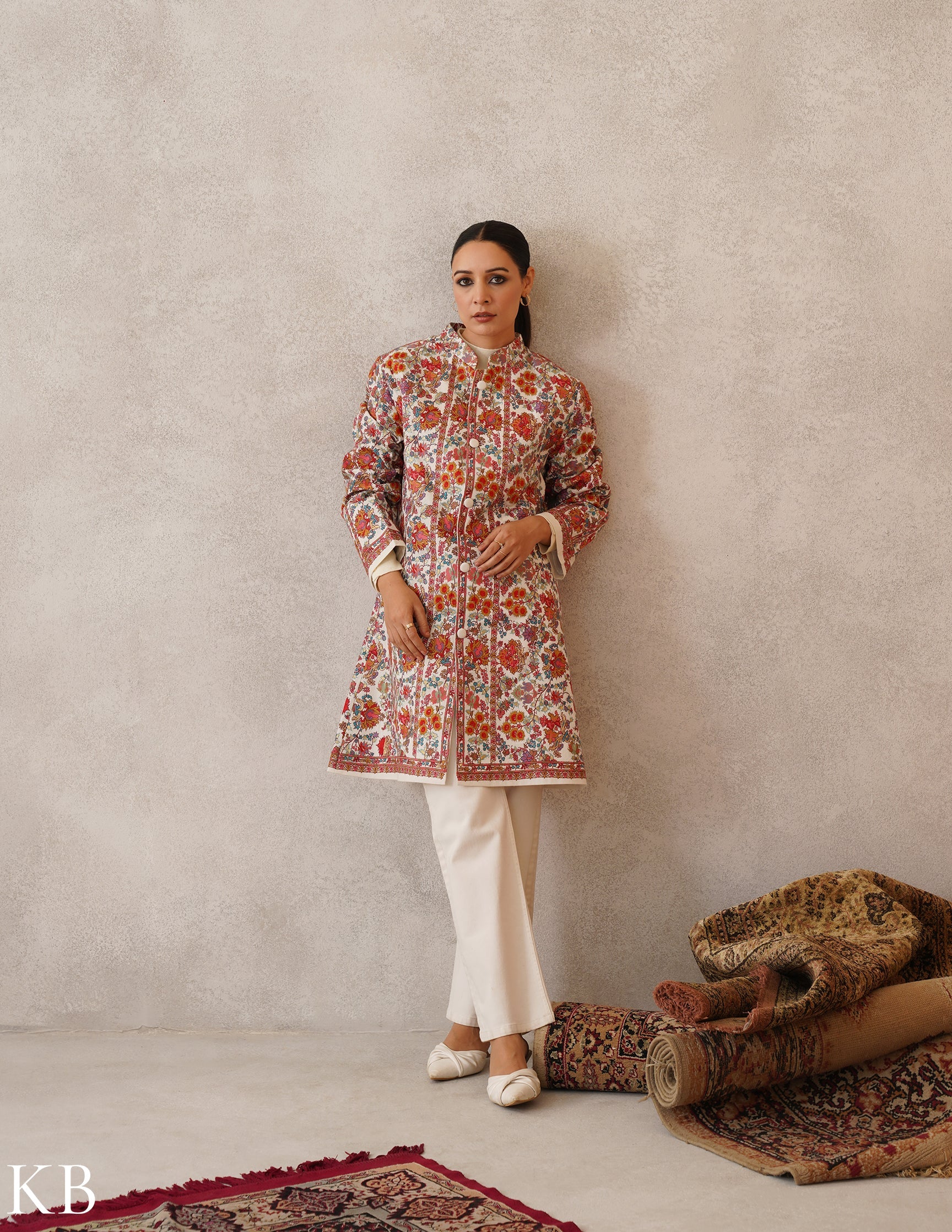 Nayaab Off-White Kashmiri Sozni Fine Wool Long Jacket - Kashmir Box