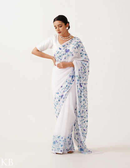 Skyish Embroidered White Georgette Saree - Kashmir Box