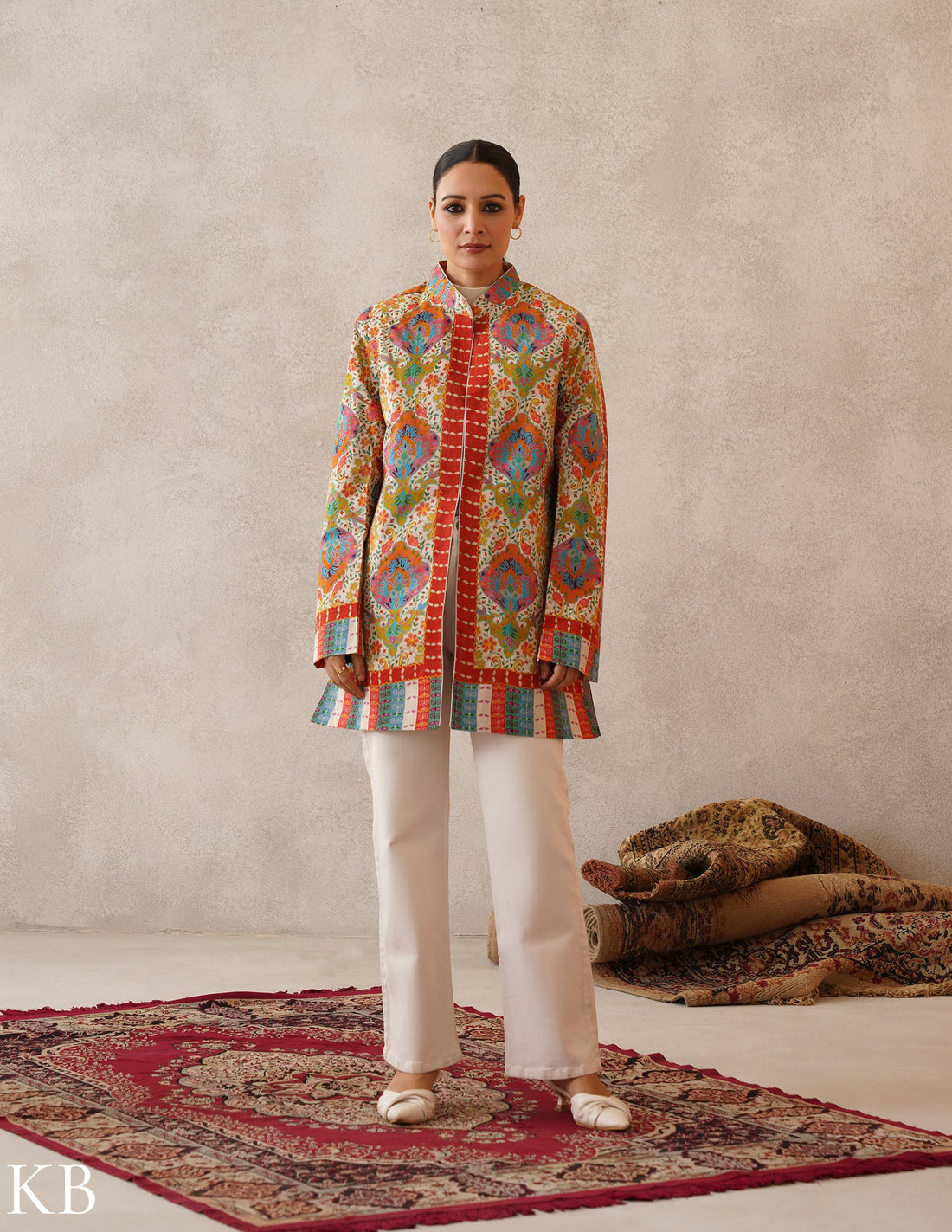 Nayaab Cream Kalamkari Print Sozni Outlined Fine Wool Jacket