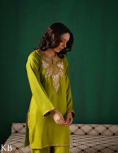 Kashmiri Golden Boti Tilla Embroidered Woollen Coordset – Lime Green | Handcrafted Heritage - Kashmir Box