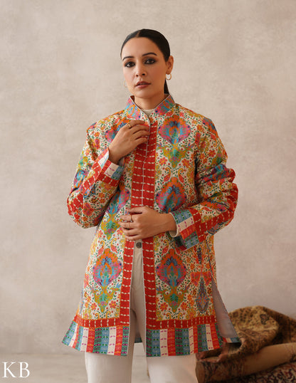 Nayaab Cream Kalamkari Print Sozni Outlined Fine Wool Jacket