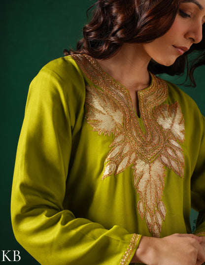 Kashmiri Golden Boti Tilla Embroidered Woollen Coordset – Lime Green | Handcrafted Heritage - Kashmir Box
