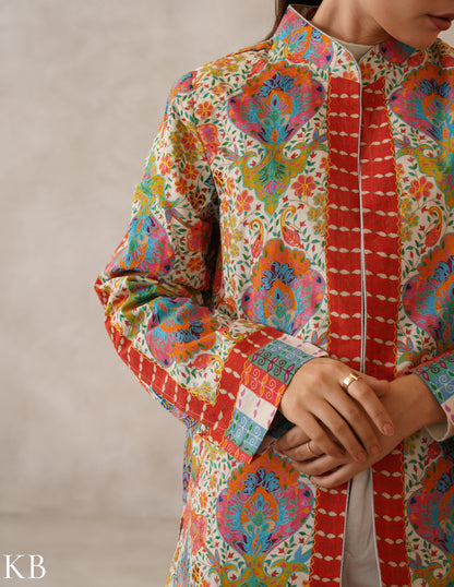 Nayaab Cream Kalamkari Print Sozni Outlined Fine Wool Jacket