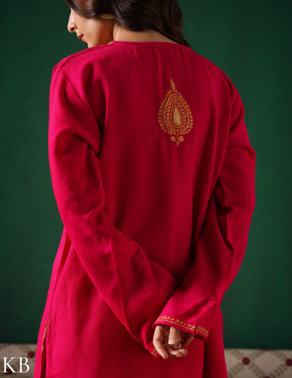 Kashmiri Golden Boti Tilla Embroidered Woollen Coordset – Dark Pink | Handcrafted Heritage