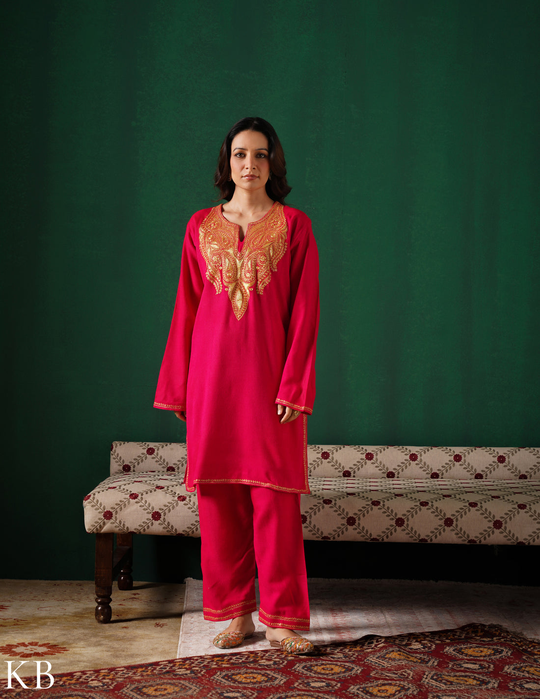 Kashmiri Golden Boti Tilla Embroidered Woollen Coordset – Dark Pink | Handcrafted Heritage