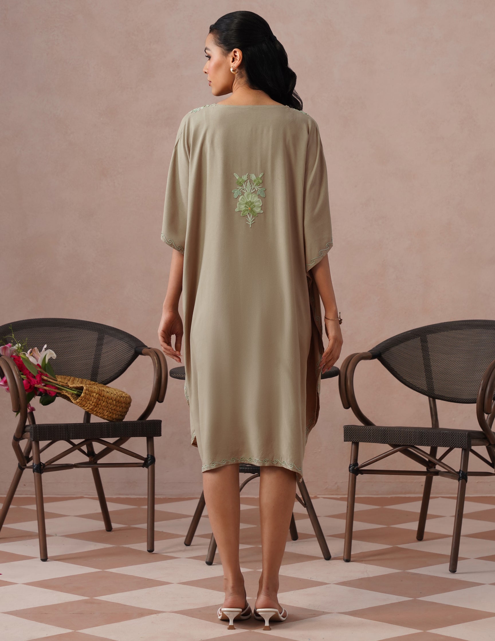 Mouse Grey Rayon Kaftan – Green Embroidery | Single Piece Comfort Ethnic Wear - Kashmir Box