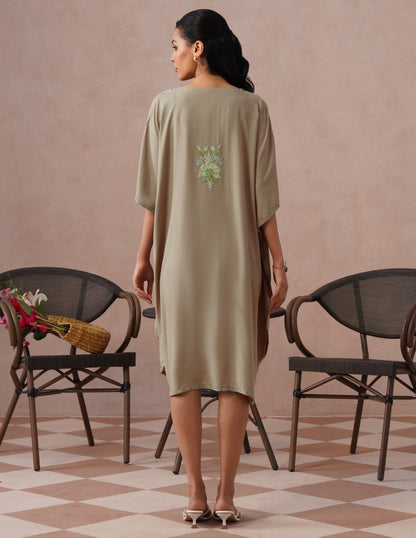 Mouse Grey Rayon Kaftan – Green Embroidery | Single Piece Comfort Ethnic Wear - Kashmir Box