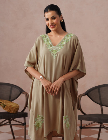 Mouse Grey Rayon Kaftan – Green Embroidery | Single Piece Comfort Ethnic Wear - Kashmir Box