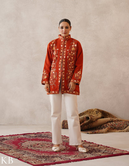 Nayaab Rust Orange Kashmiri Aari Cashmilon Jacket