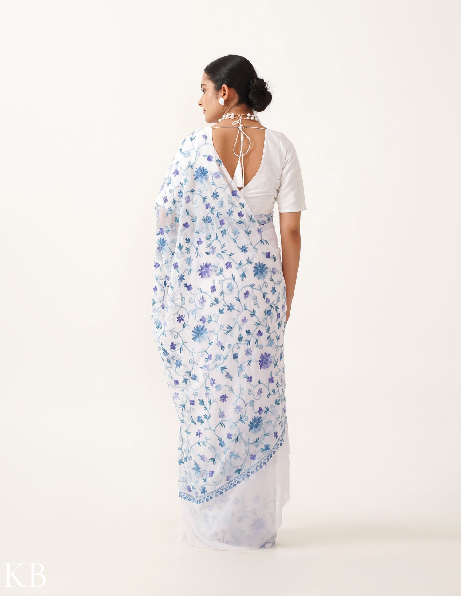 Skyish Embroidered White Georgette Saree - Kashmir Box