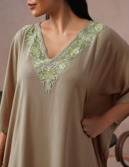 Mouse Grey Rayon Kaftan – Green Embroidery | Single Piece Comfort Ethnic Wear - Kashmir Box