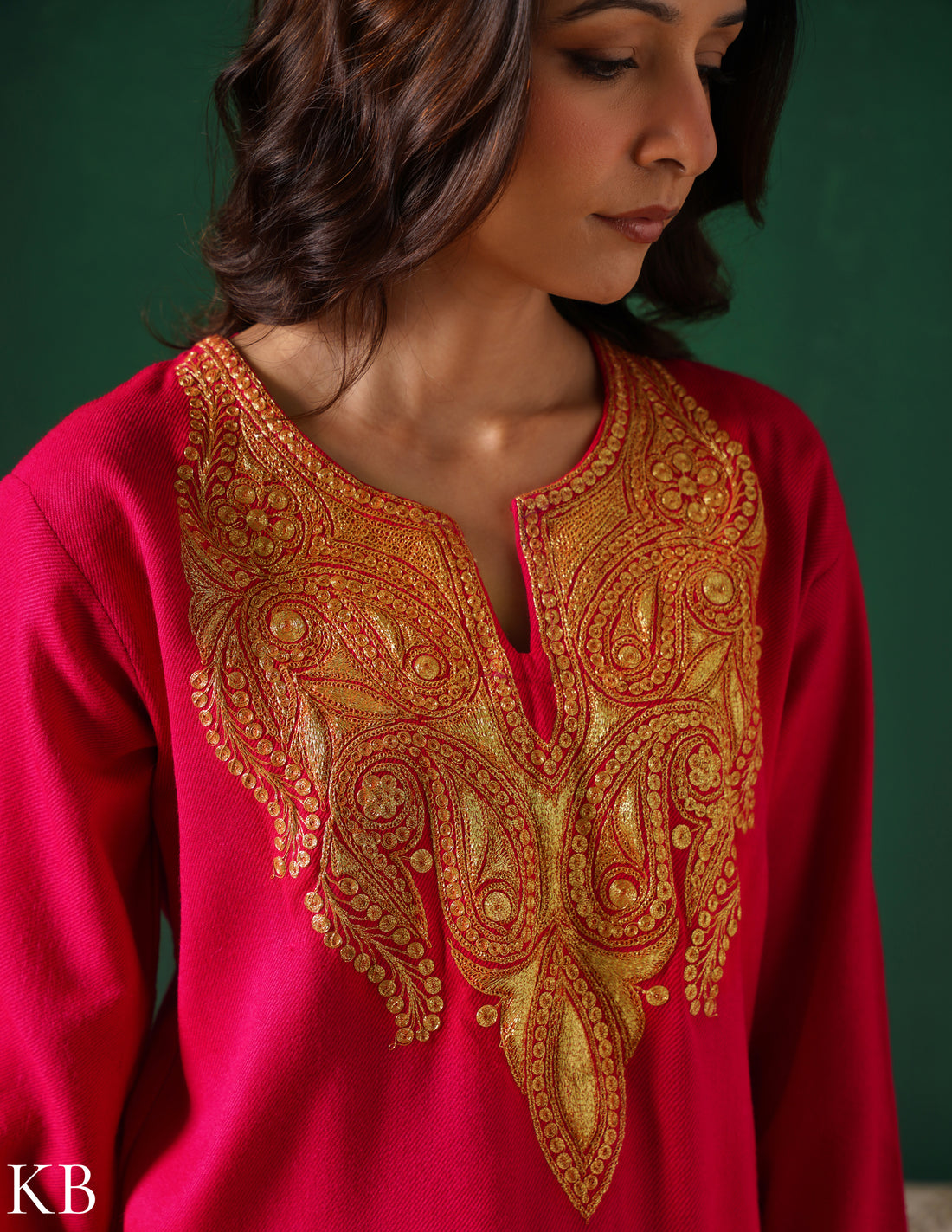 Kashmiri Golden Boti Tilla Embroidered Woollen Coordset – Dark Pink | Handcrafted Heritage