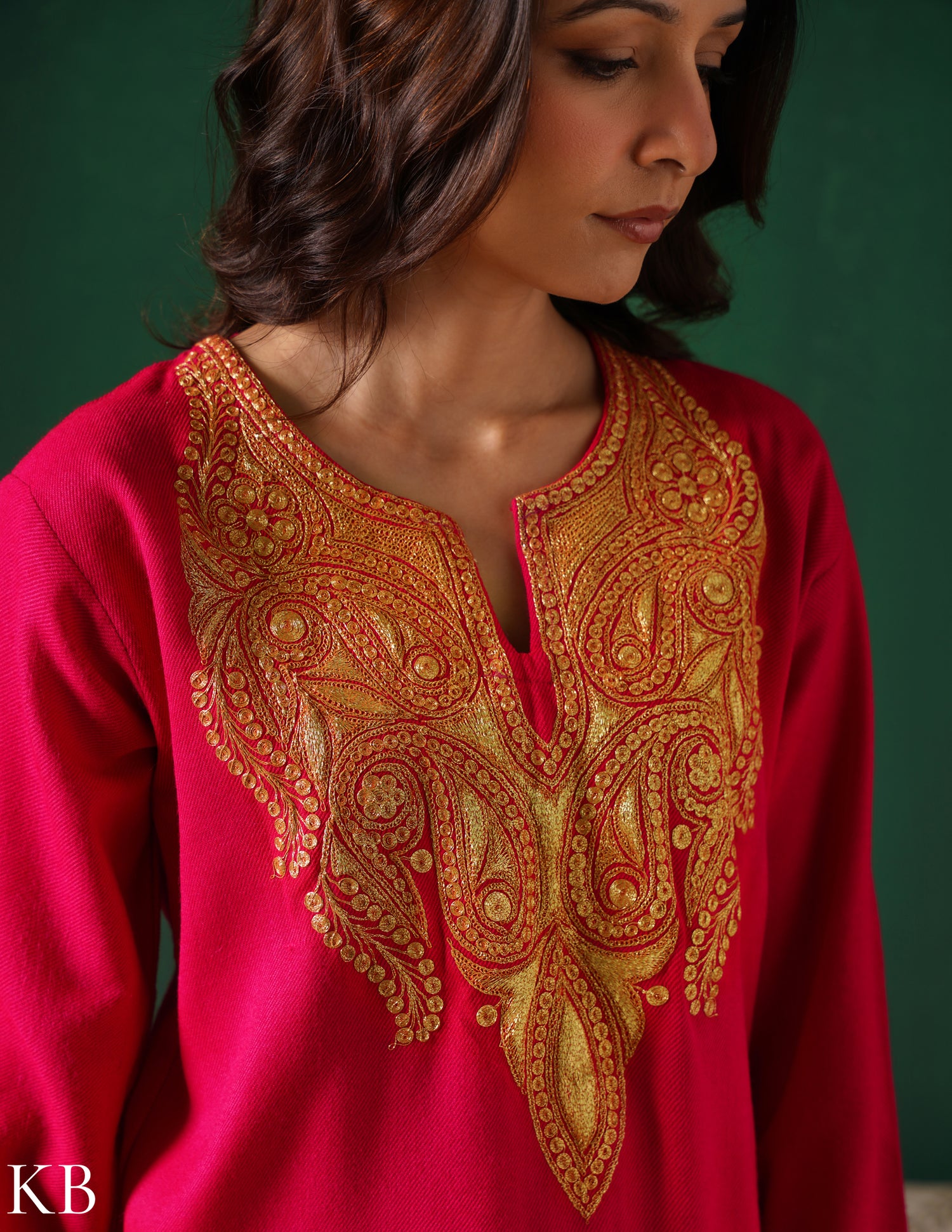 Kashmiri Golden Boti Tilla Embroidered Woollen Coordset – Dark Pink | Handcrafted Heritage