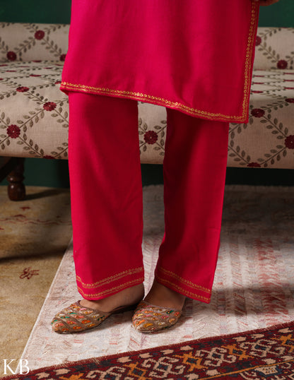 Kashmiri Golden Boti Tilla Embroidered Woollen Coordset – Dark Pink | Handcrafted Heritage