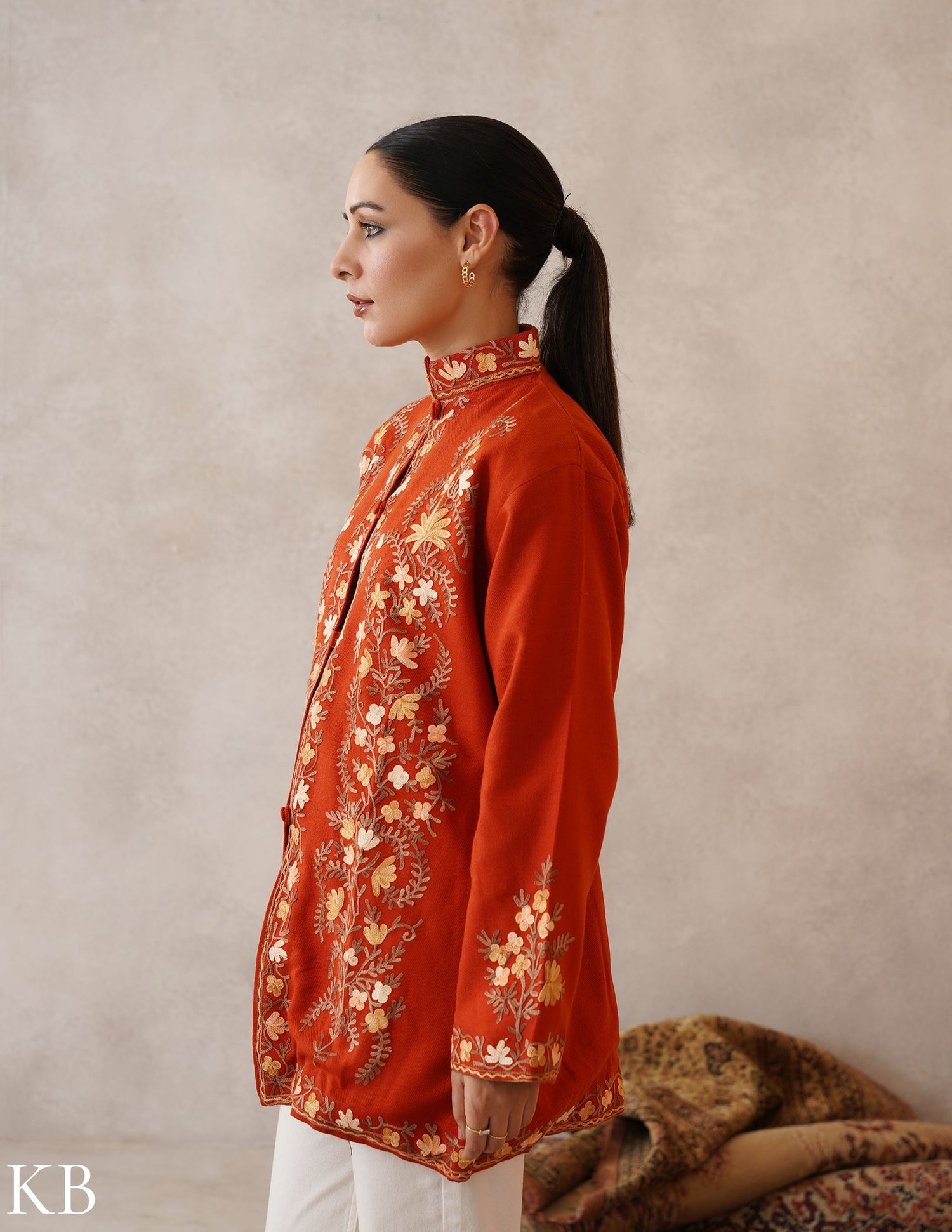 Nayaab Rust Orange Kashmiri Aari Cashmilon Jacket